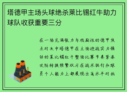塔德甲主场头球绝杀莱比锡红牛助力球队收获重要三分